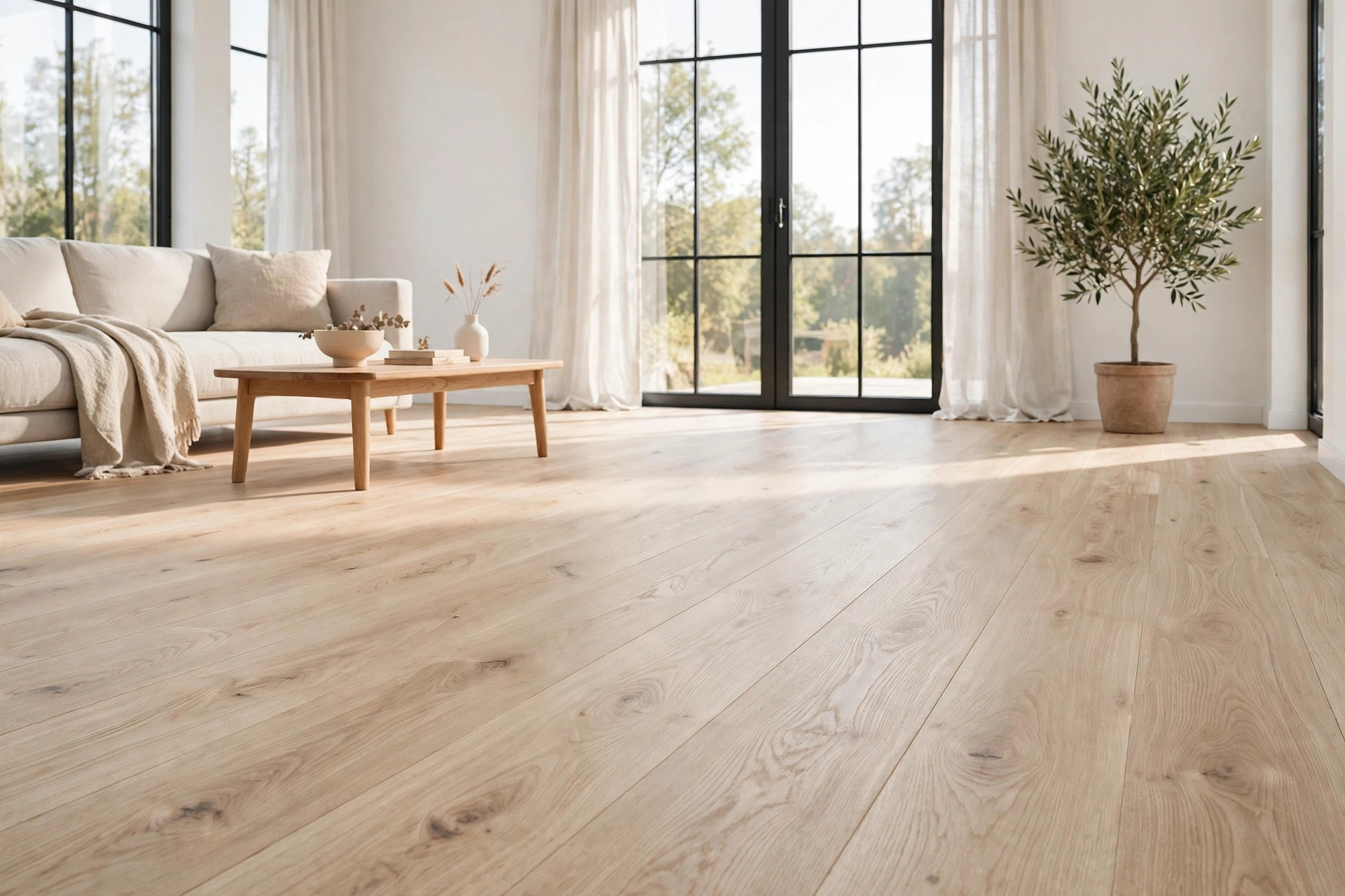 Wide-plank white oak flooring in a bright living room