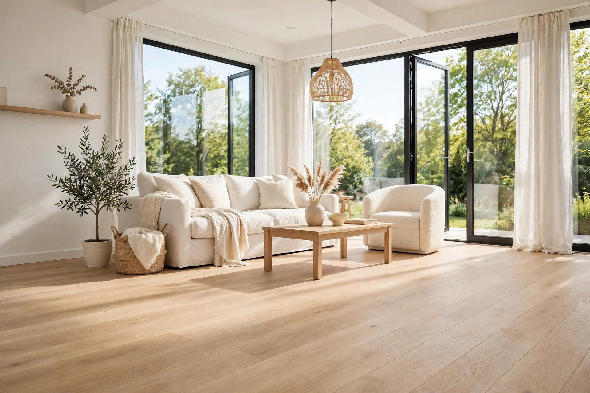 Light natural oak flooring in a bright living room