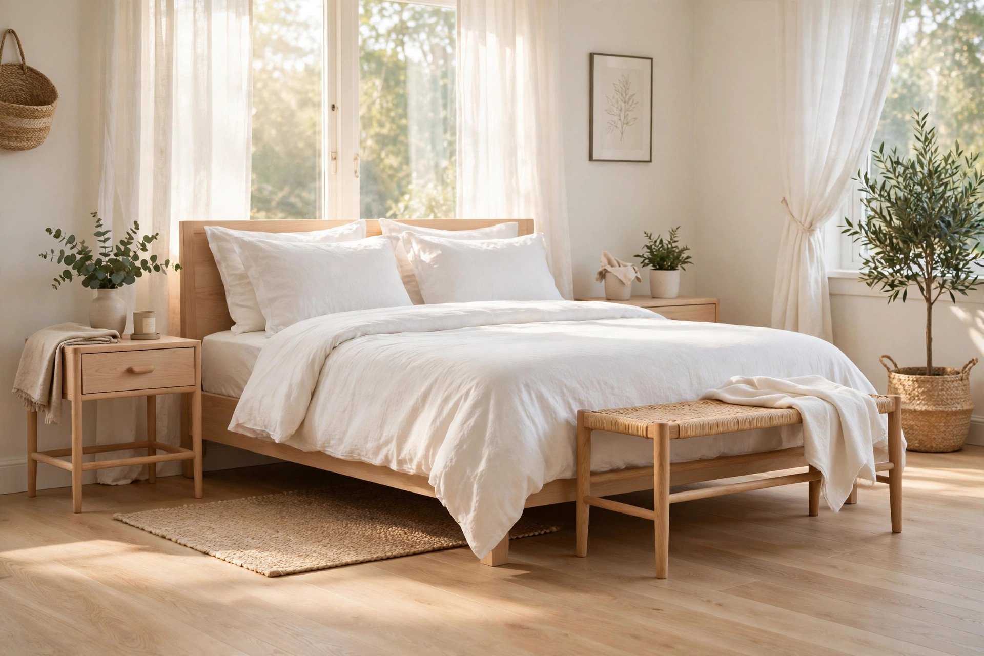 Pale natural oak flooring in a bedroom